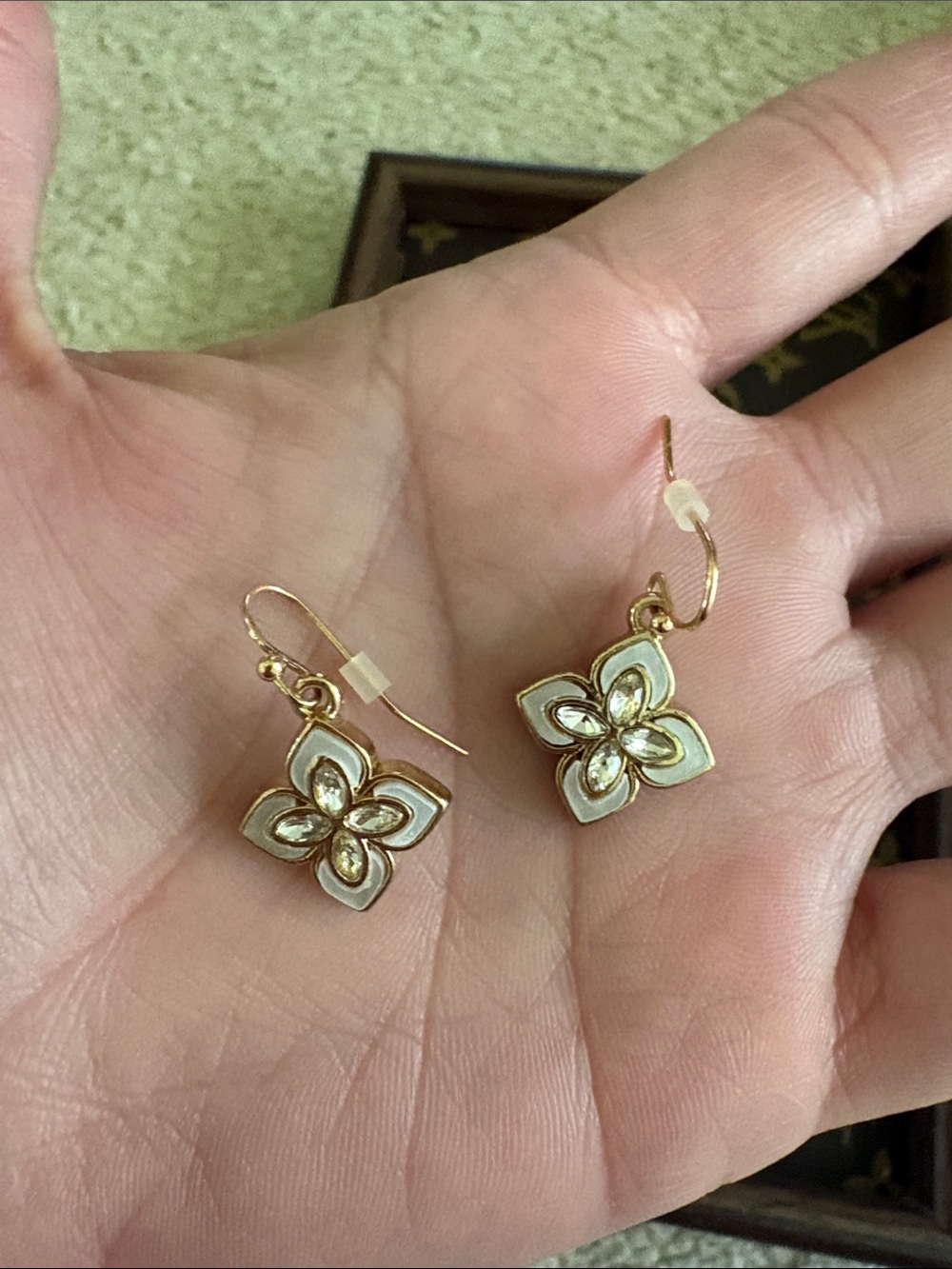 Gold Tone Floral Drop Earrings with White Enamel Petals